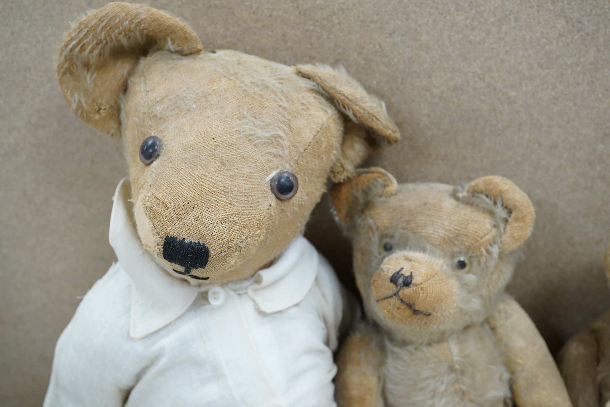 Four bears with restoration, hair loss, one English and three German, c.1930's